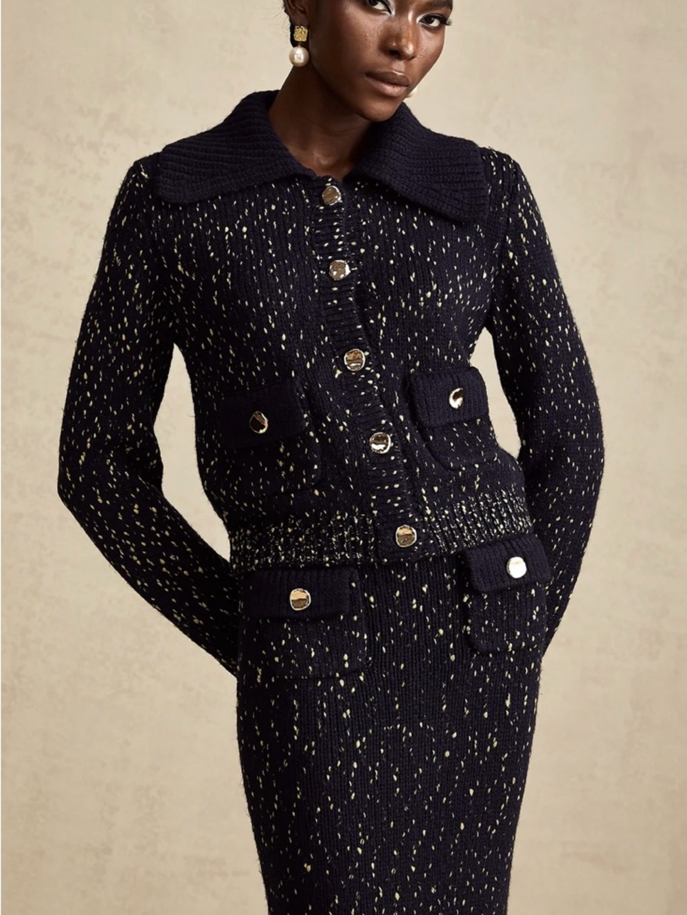 Self-Portrait Navy Metallic Merino Cardigan